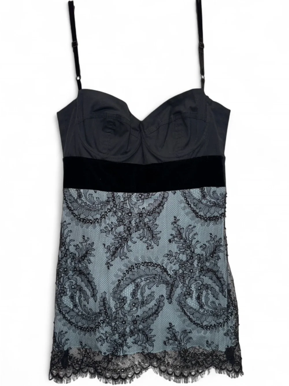 Ticci Tonetto Black & Blue Floral Lace Y2K Chemise Bustier Velvet Camisole Top P